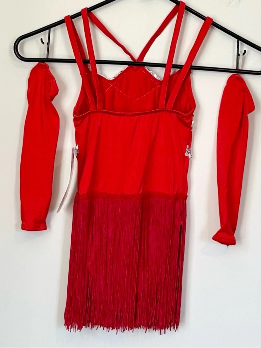 NWT Girls Red Sequin Fringe Dance Costume with Arm Sleeves - Size: SC